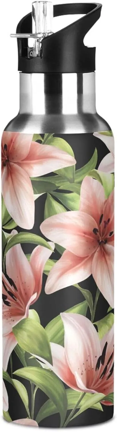 Beautiful Floral Pink Lilies Water Bottle with Straw Lid, BPA Free Leakproof Vacuum Insulated Stainless Steel, 30 Oz Hot Cold Thermal Flask Drinking Bottle for Gym Fitness Outdoor Sport