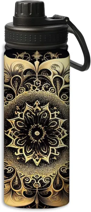 Beautiful Golden Mandala Circle Design pattern Sports Leak Proof Water Bottle 18 oz,Durable Double Walled Stainless Steel - Gym Bottles,Insulated Thermos,Hot Cold,Gold Black
