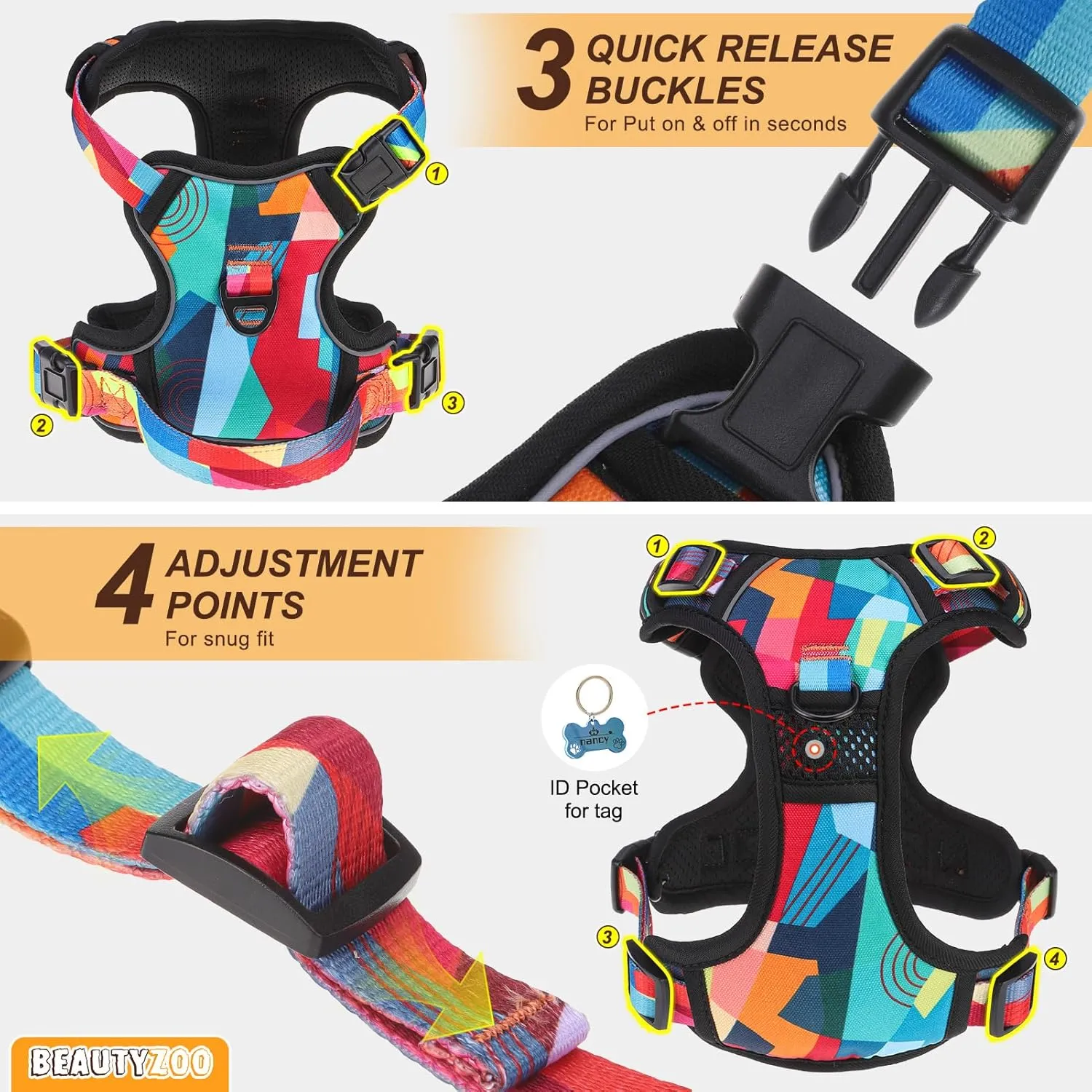 BEAUTYZOO No Pull Dog Harness Large, Adjustable Dog Harness and Leash Set -Easy Wearing with 3 Buckles/Control Handle,No Choke Soft Padded Reflective Pet Vest for Training Walking Hiking, XL