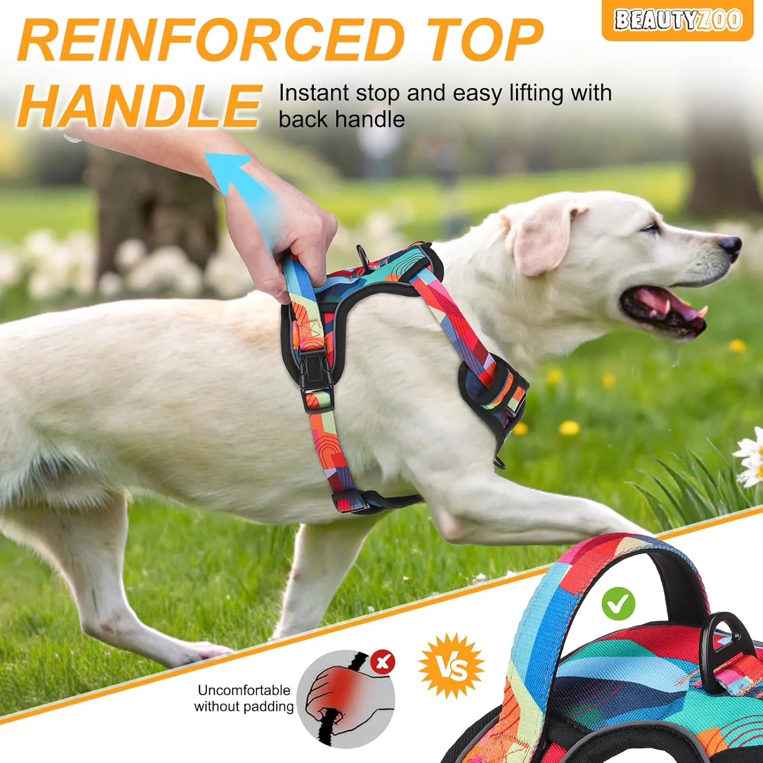 BEAUTYZOO No Pull Dog Harness Large, Adjustable Dog Harness and Leash Set -Easy Wearing with 3 Buckles/Control Handle,No Choke Soft Padded Reflective Pet Vest for Training Walking Hiking, XL