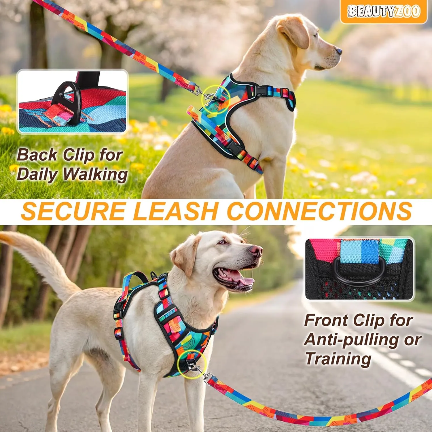 BEAUTYZOO No Pull Dog Harness Large, Adjustable Dog Harness and Leash Set -Easy Wearing with 3 Buckles/Control Handle,No Choke Soft Padded Reflective Pet Vest for Training Walking Hiking, XL