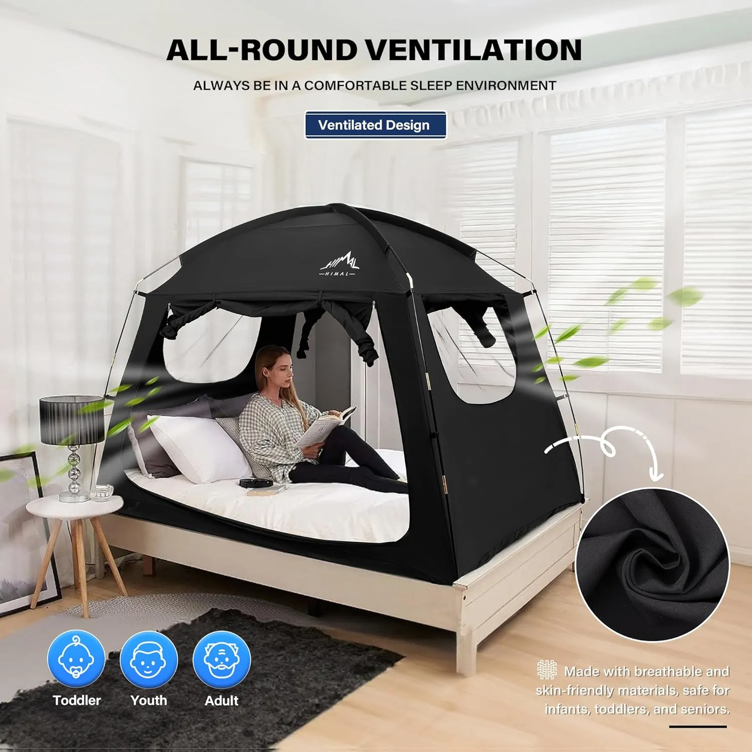 Bed Tent for Indoor Portable Light Reducing Full Size Canopy Tents Breathable Lightweight Private Space for Bed(Black)