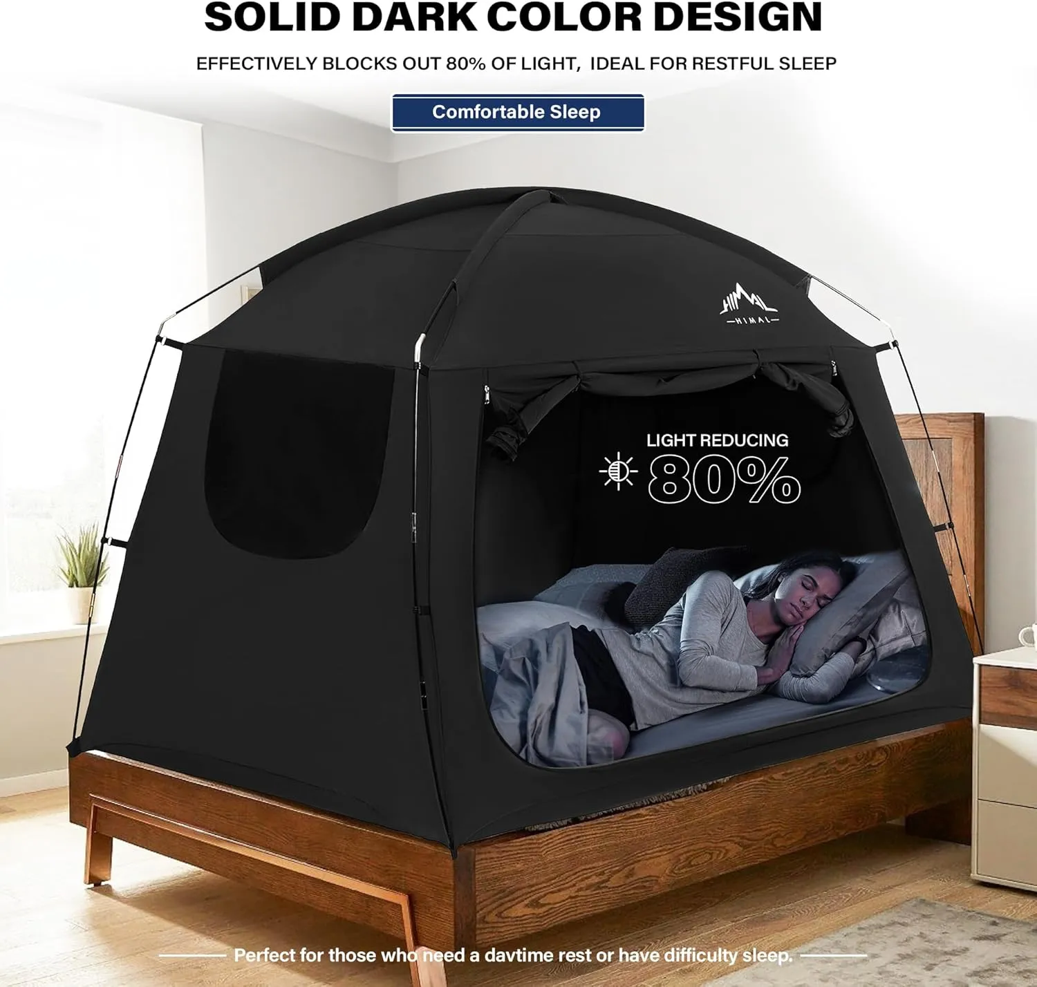 Bed Tent for Indoor Portable Light Reducing Full Size Canopy Tents Breathable Lightweight Private Space for Bed(Black)