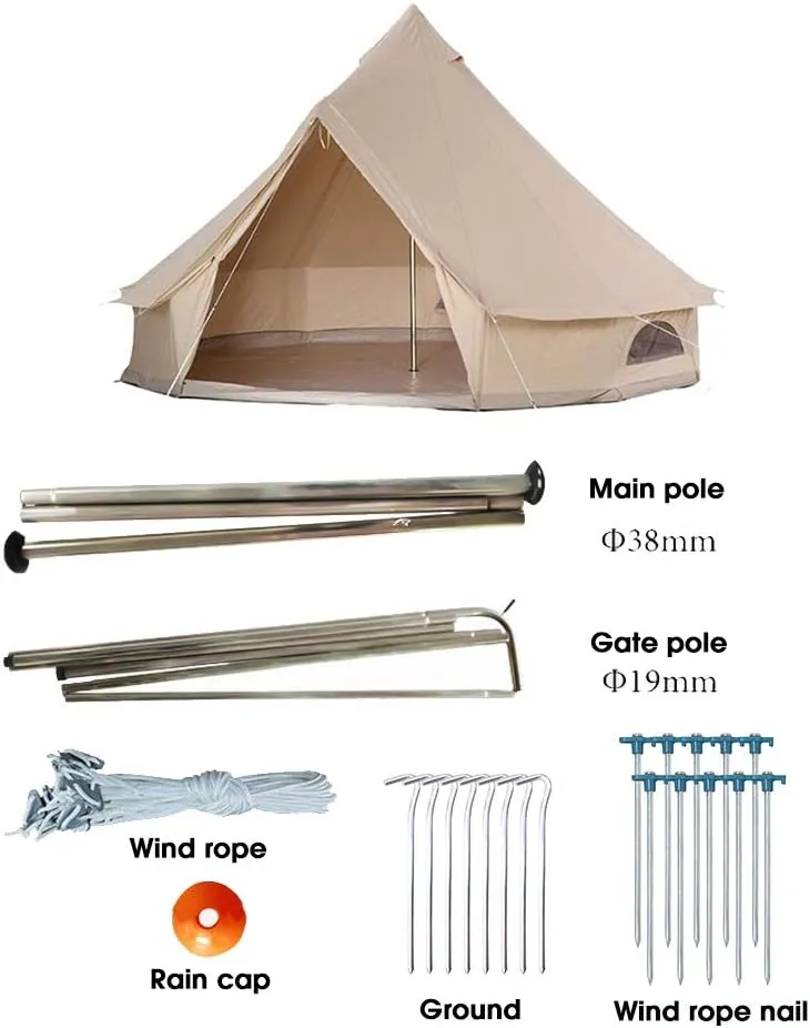 Bell Tent Glamping, Portable Folding Outdoor 4-Season Family Camping Cotton Canvas Round Bell Large Tent with Meshed Door and Windows,with Stove Hole for Family Outdoor Camping Hi