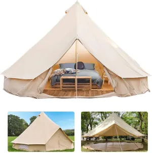 Bell Tent Glamping, Portable Folding Outdoor 4-Season Family Camping Cotton Canvas Round Bell Large Tent with Meshed Door and Windows,with Stove Hole for Family Outdoor Camping Hi