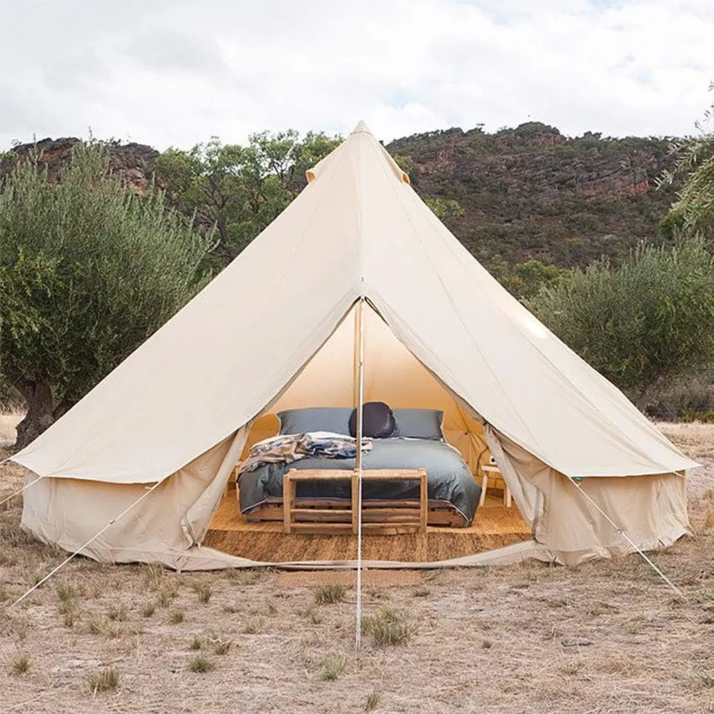 Bell Tent Glamping, Portable Folding Outdoor 4-Season Family Camping Cotton Canvas Round Bell Large Tent with Meshed Door and Windows,with Stove Hole for Family Outdoor Camping Hi