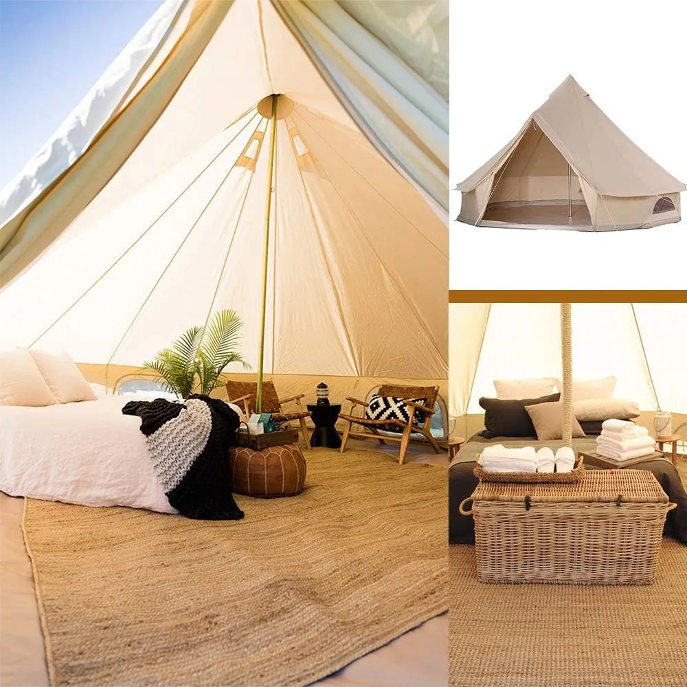 Bell Tent Glamping, Portable Folding Outdoor 4-Season Family Camping Cotton Canvas Round Bell Large Tent with Meshed Door and Windows,with Stove Hole for Family Outdoor Camping Hi