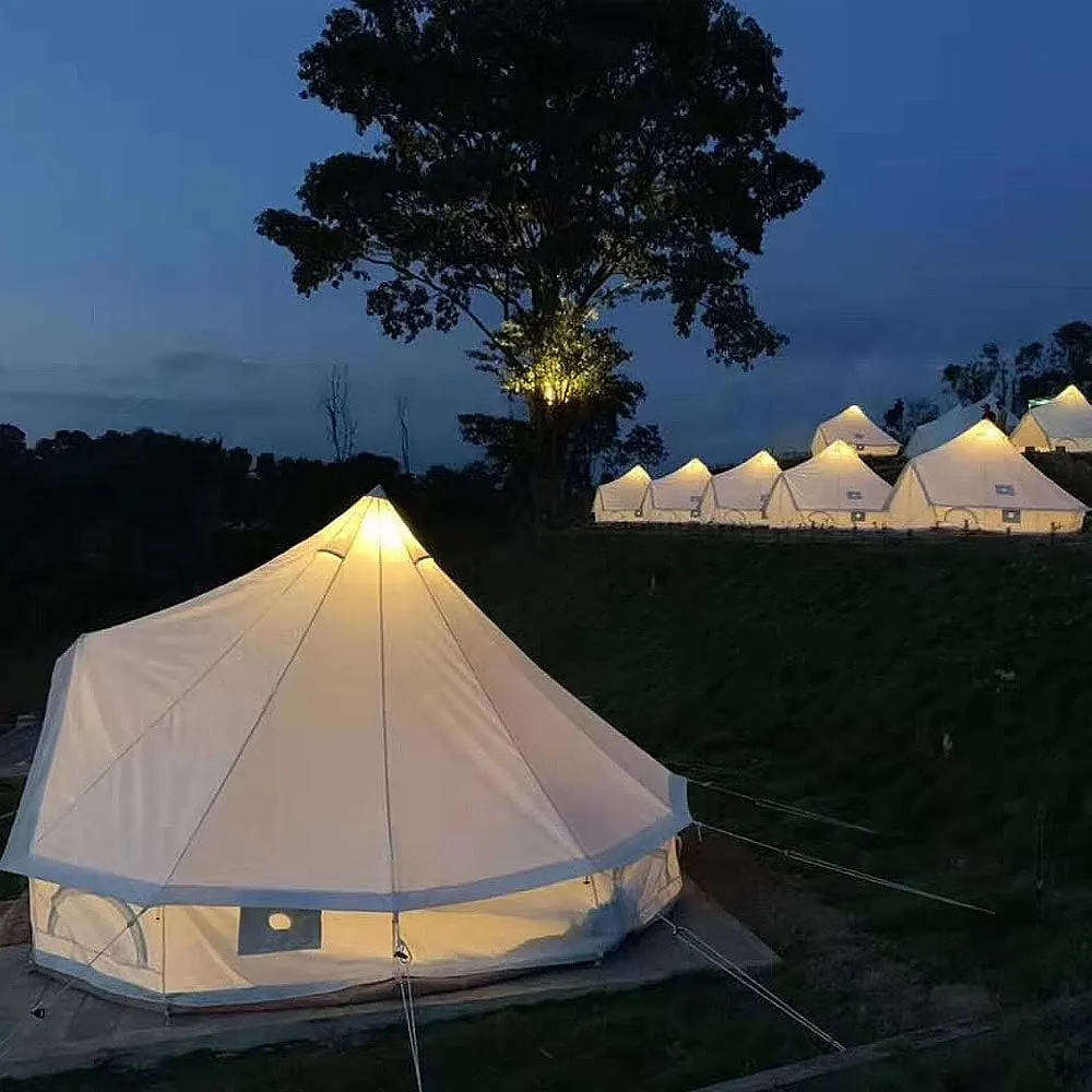 Bell Tent Glamping, Portable Folding Outdoor 4-Season Family Camping Cotton Canvas Round Bell Large Tent with Meshed Door and Windows,with Stove Hole for Family Outdoor Camping Hi