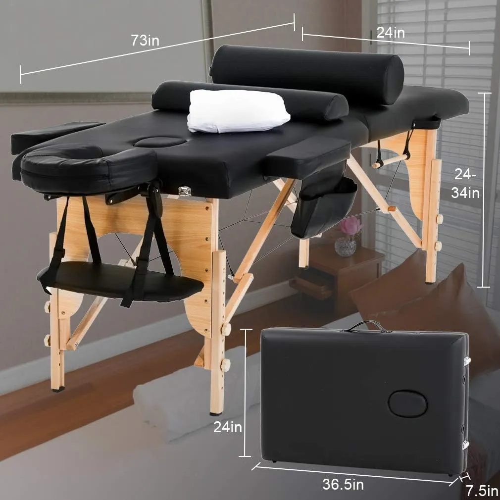 BestMassage Massage Bed Portable Massage Table 24 inche Wide Lash Bed Heigh Adjustable 2 Folding Spa Table with Towel Hanger Oil Pouch Half Bolster Round Bolster Non-Woven Bag