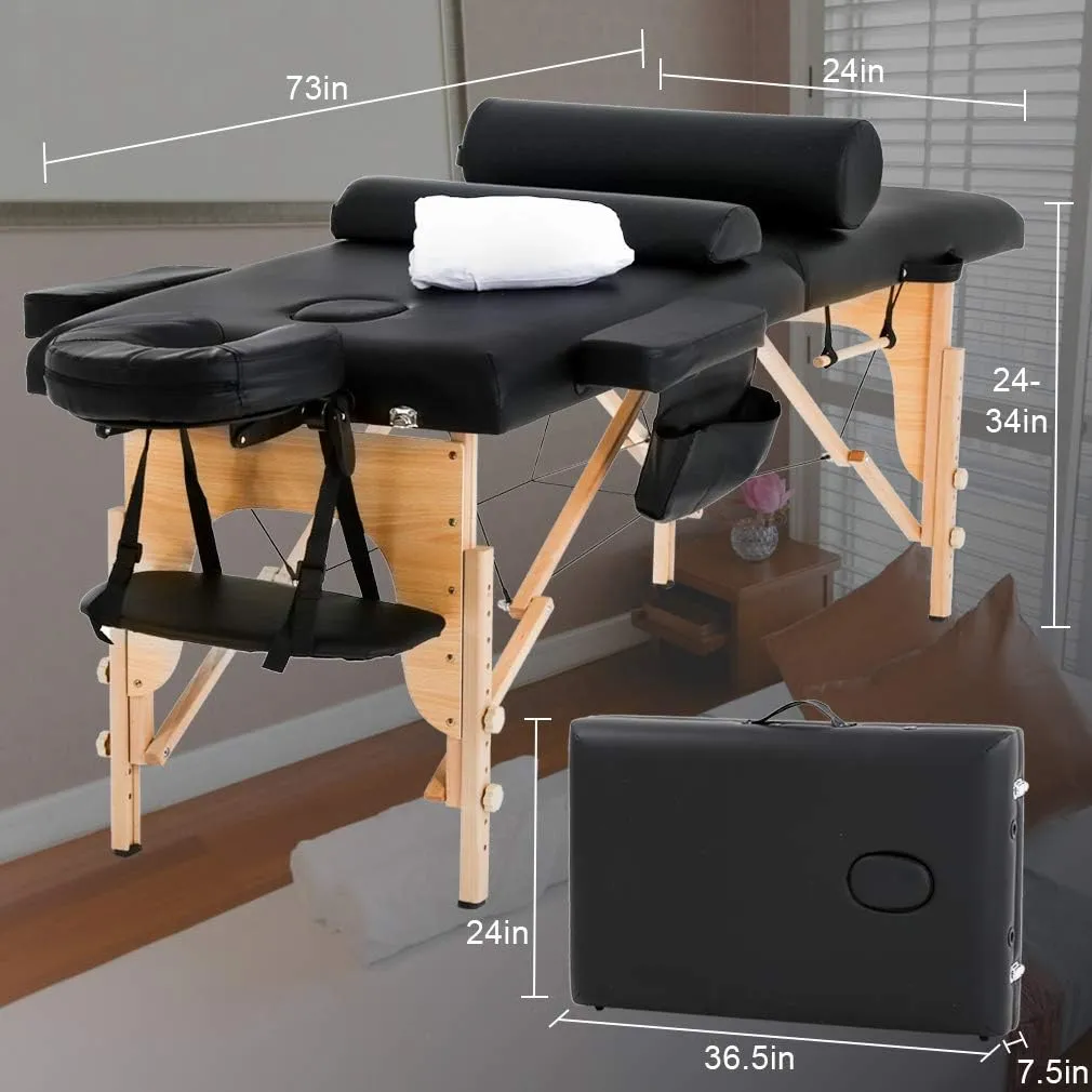 BestMassage Massage Bed Portable Massage Table 24 inche Wide Lash Bed Heigh Adjustable 2 Folding Spa Table with Towel Hanger Oil Pouch Half Bolster Round Bolster Non-Woven Bag