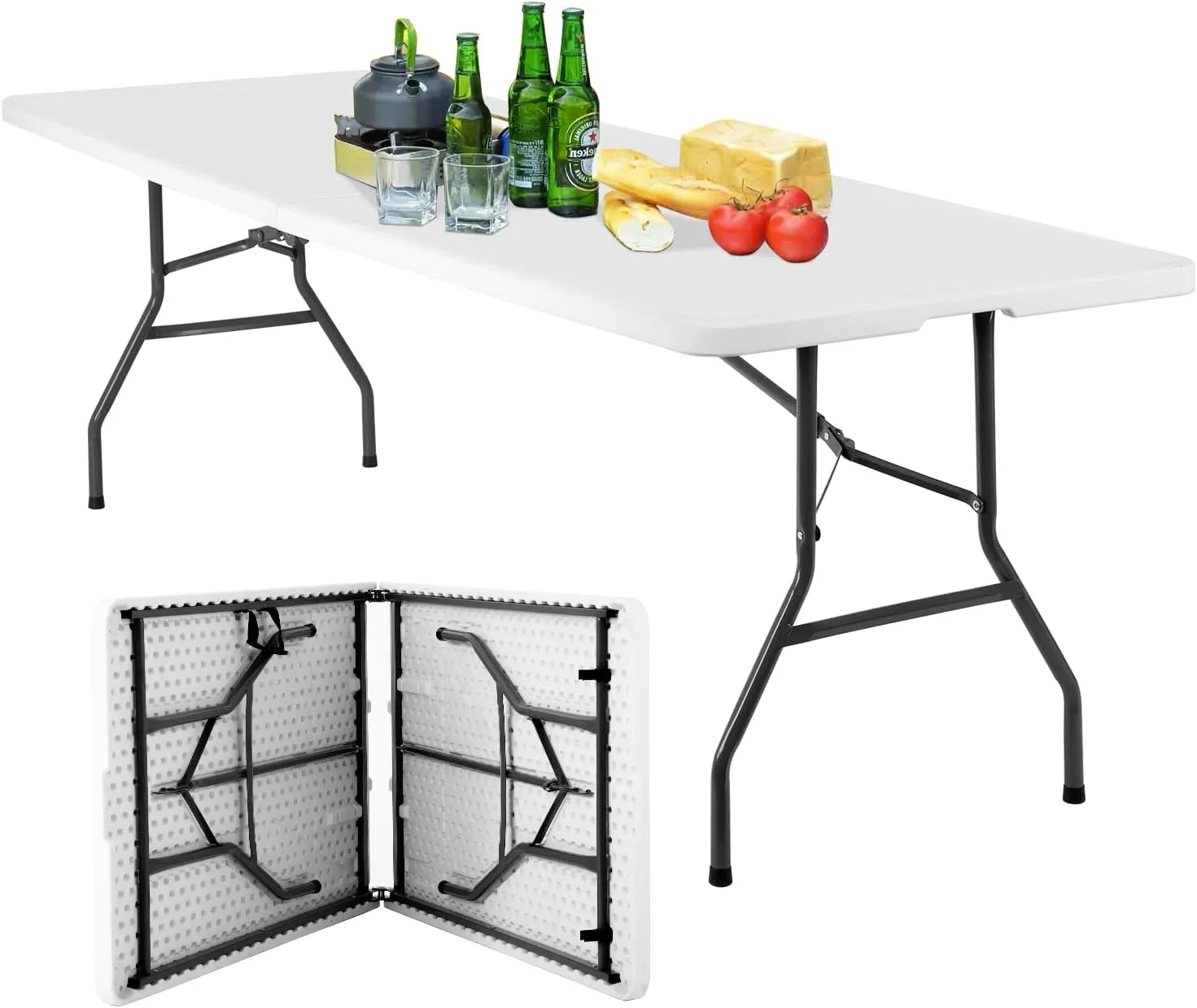 BestOffice 8FT Picnic Table Folding Table Camping Table Plastic Table Fold Up Table Lock for Party Event,White