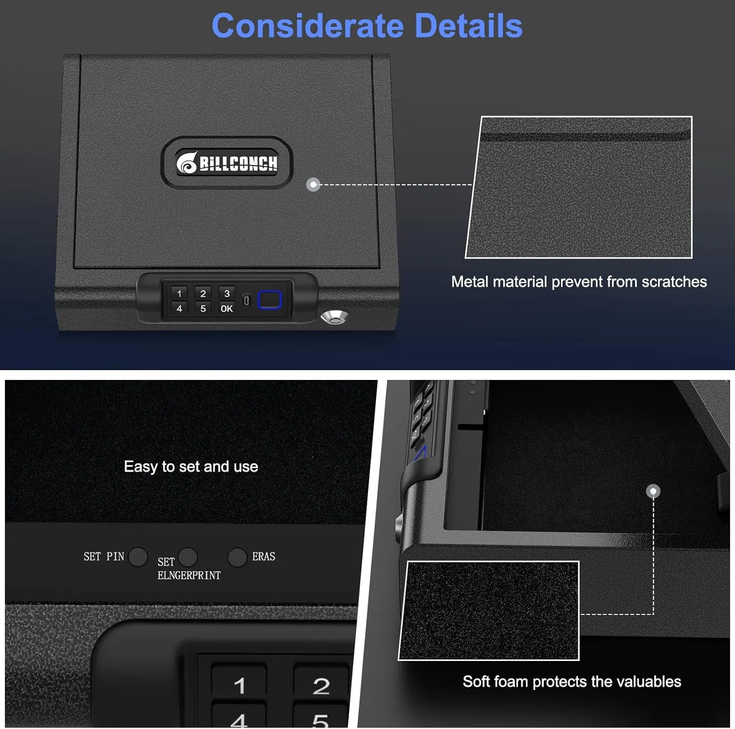 Biometric Gun Safe for Pistols 3-Ways unlock Fingerprint Digital PIN Key Unlock Handgun Safe with Sound, Lock box for Cloakroom living room Bedroom Nightstand and Car BILLCONCH