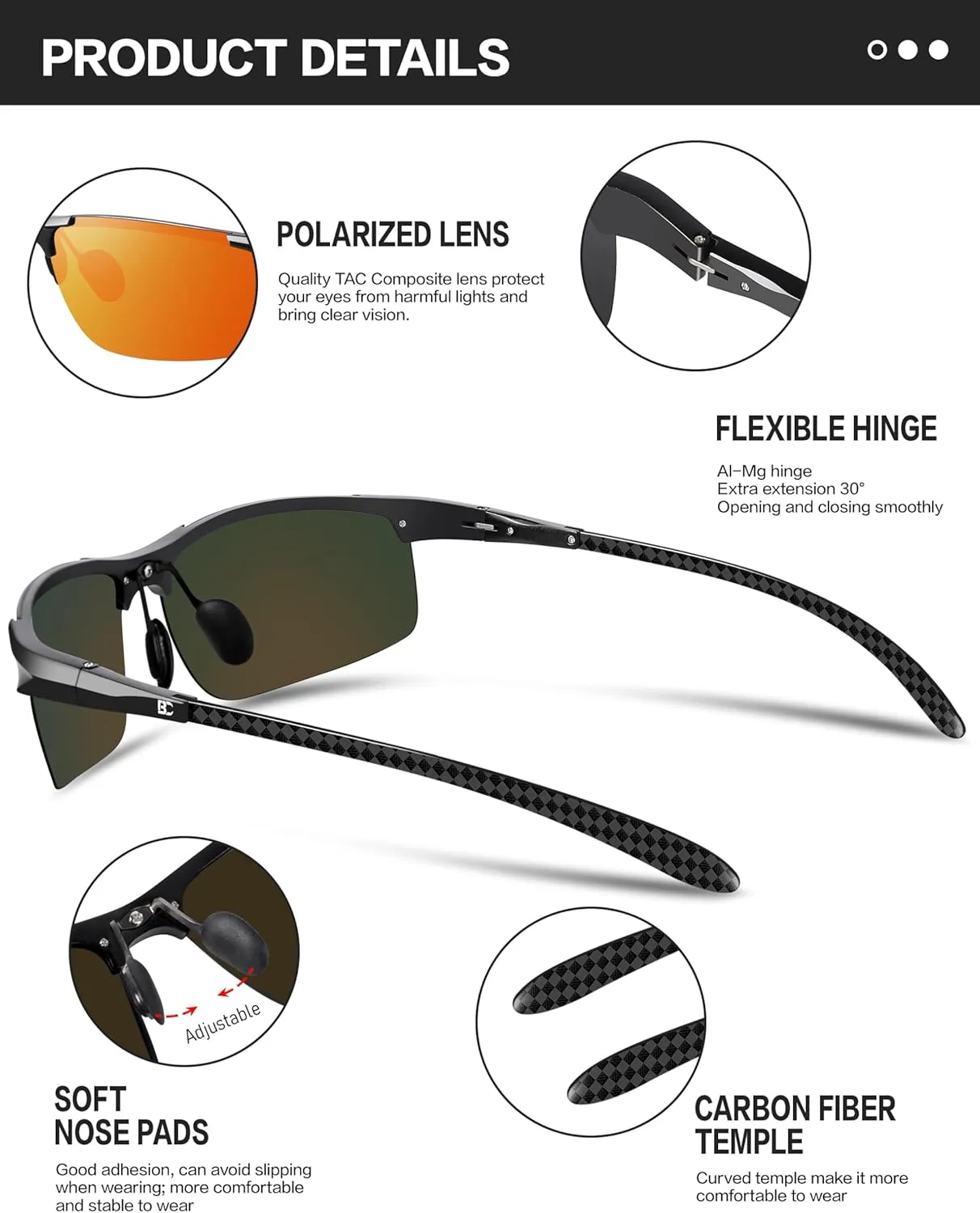 BIRCEN Polarized Carbon-Fiber Sunglasses for Men: Ultralight UV Protection Sun Glasses for Outdoor Sports Fishing Golf Hiking