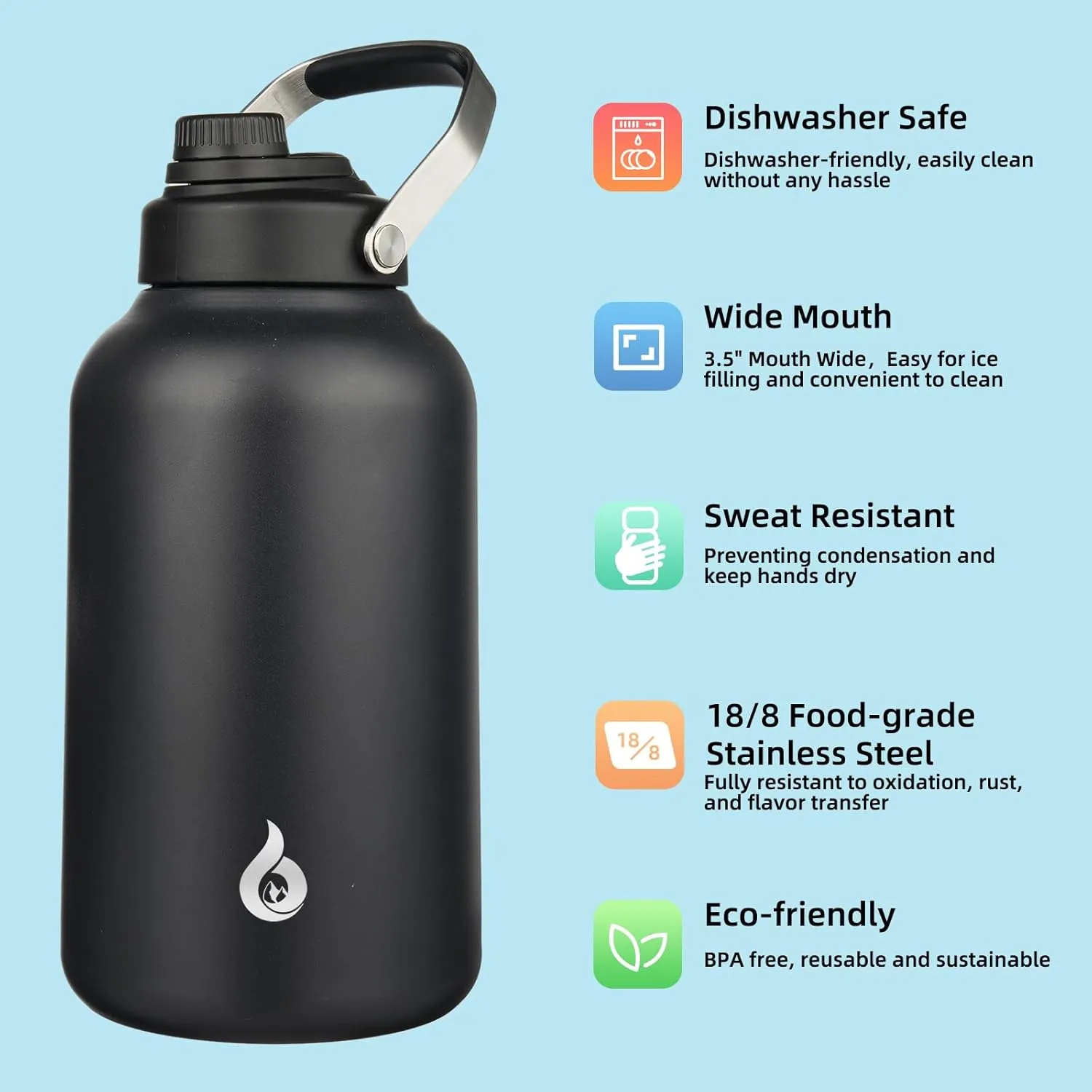 BJPKPK 1 Gallon Water Bottle Insulated, Dishwasher Safe 128oz Large Water Jug with Metal Handle & BPA Free Spout Lid, Stainless Steel Metal Thermos for Gym, Sports & Hiking, Black