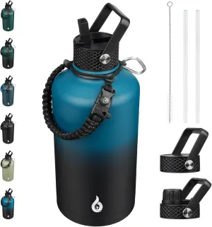 BJPKPK 2/3 Gallon Water Bottle with Straw Lid, 50oz, 64oz, 87oz, 128oz Large, Stainless Steel Water Bottles with 3 Lids and Paracord Handle, Double Wall Vacuum Metal Jug, Blue & Black