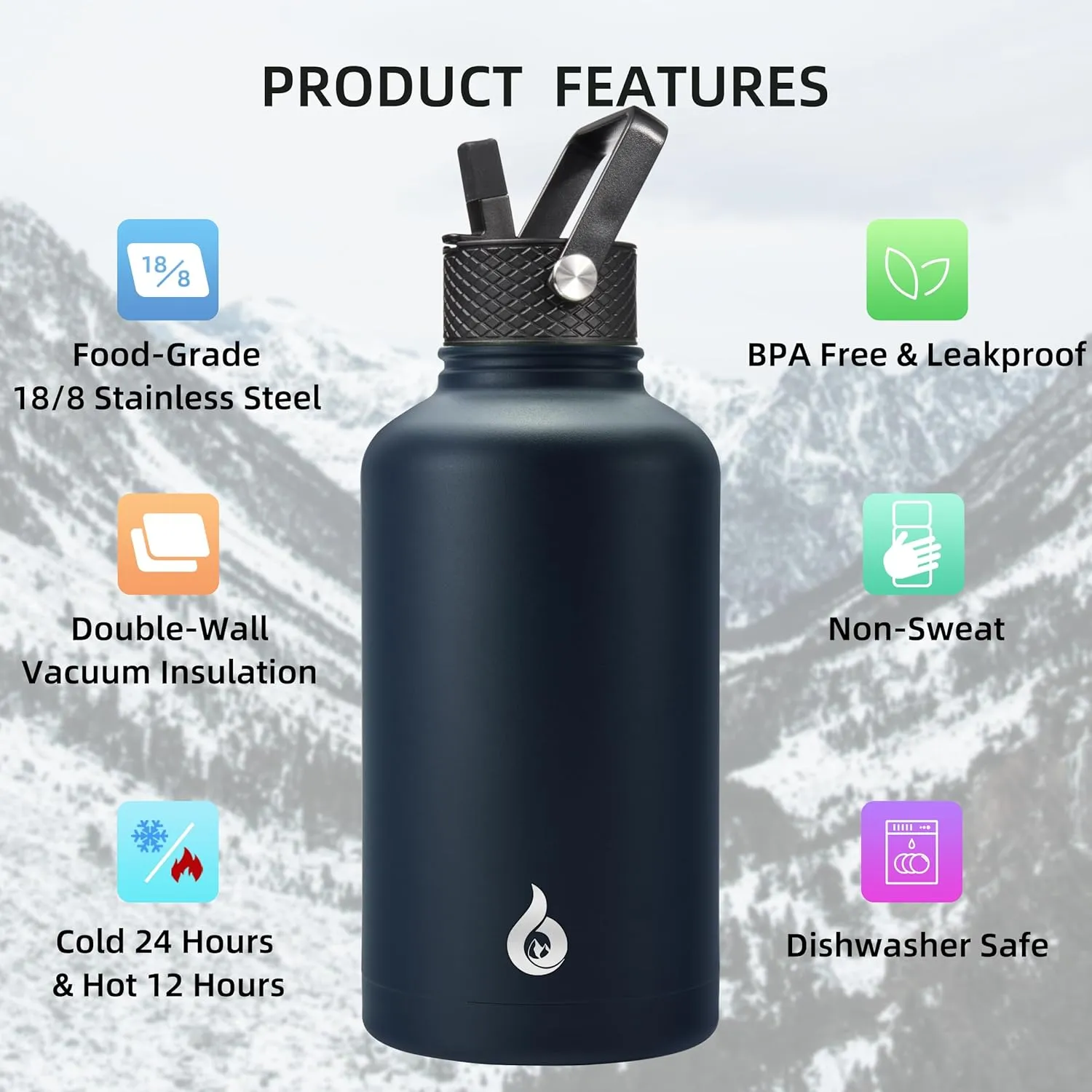 BJPKPK Half Gallon Insulated Water Bottles with Straw Lid, 64oz Large Water Jug, Stainless Steel Bottles with 3 Lids and Paracord Handle, Thermos for Hot & Cold Liquid, Navy Blue