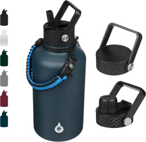 BJPKPK Half Gallon Insulated Water Bottles with Straw Lid, 64oz Large Water Jug, Stainless Steel Bottles with 3 Lids and Paracord Handle, Thermos for Hot & Cold Liquid, Navy Blue