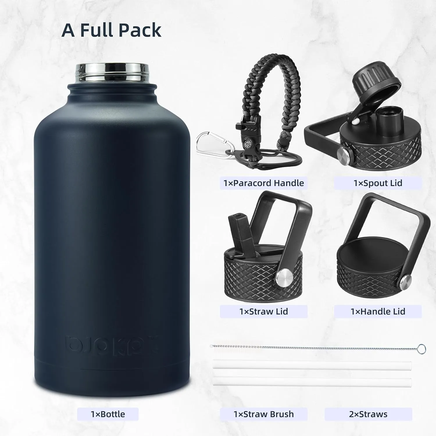 BJPKPK Half Gallon Insulated Water Bottles with Straw Lid, 64oz Large Water Jug, Stainless Steel Bottles with 3 Lids and Paracord Handle, Thermos for Hot & Cold Liquid, Navy Blue