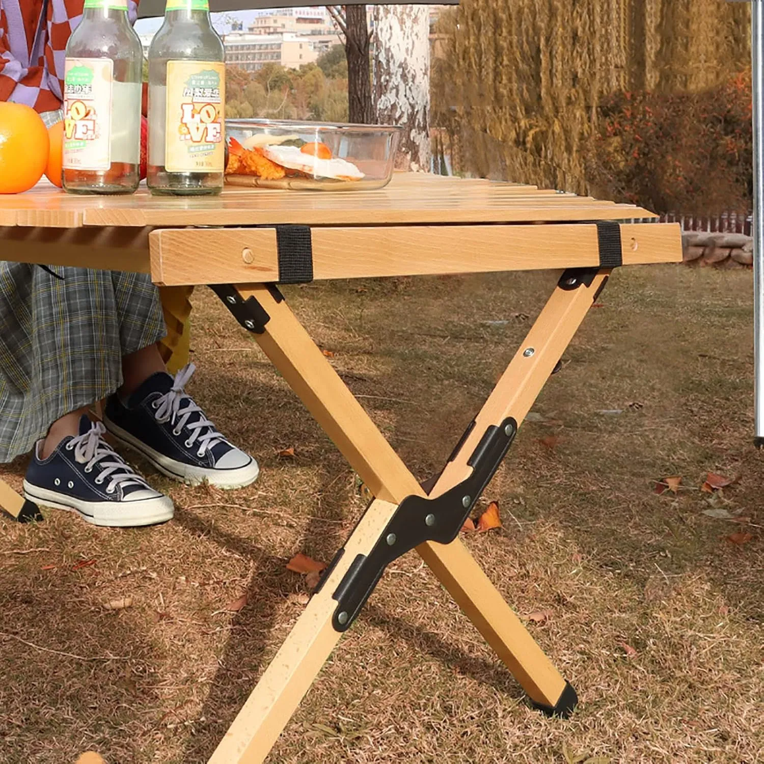 BK&MF Portable Wood Camping Table,Outdoor Folding Table,Ultralight Beach Table with Carry Bag Roll-up Table for BBQ, Party, Camping,A,90x90x45cm(35x35x18inch)