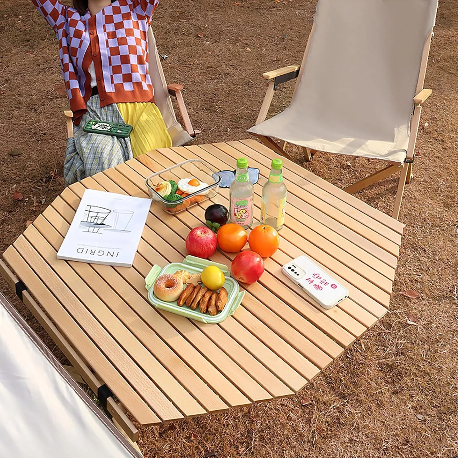 BK&MF Portable Wood Camping Table,Outdoor Folding Table,Ultralight Beach Table with Carry Bag Roll-up Table for BBQ, Party, Camping,A,90x90x45cm(35x35x18inch)