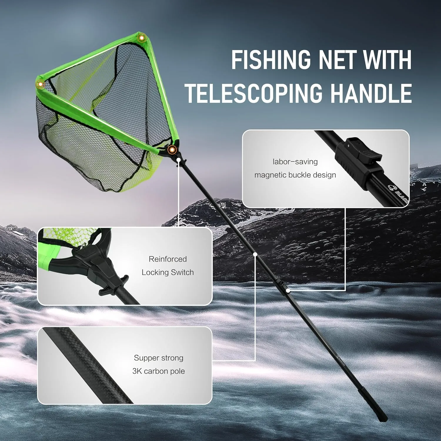 Black Paw Floating Fishing Net Foldable Telescopic Fish Landing Net Rubber Coated Fishing Net for Kayak, Fly, Trout, Fishing Net Freshwater Saltwater