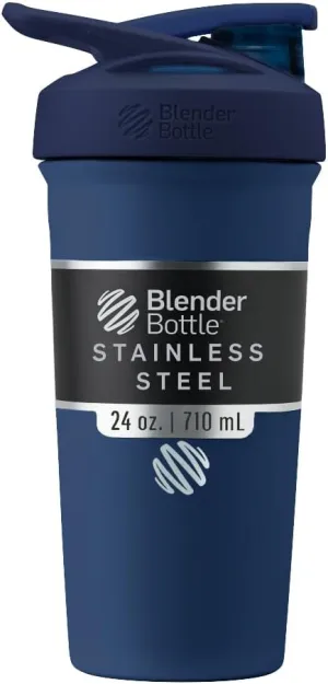 BlenderBottle Strada Shaker Cup Insulated Stainless Steel Water Bottle with Wire Whisk, 24-Ounce, Navy