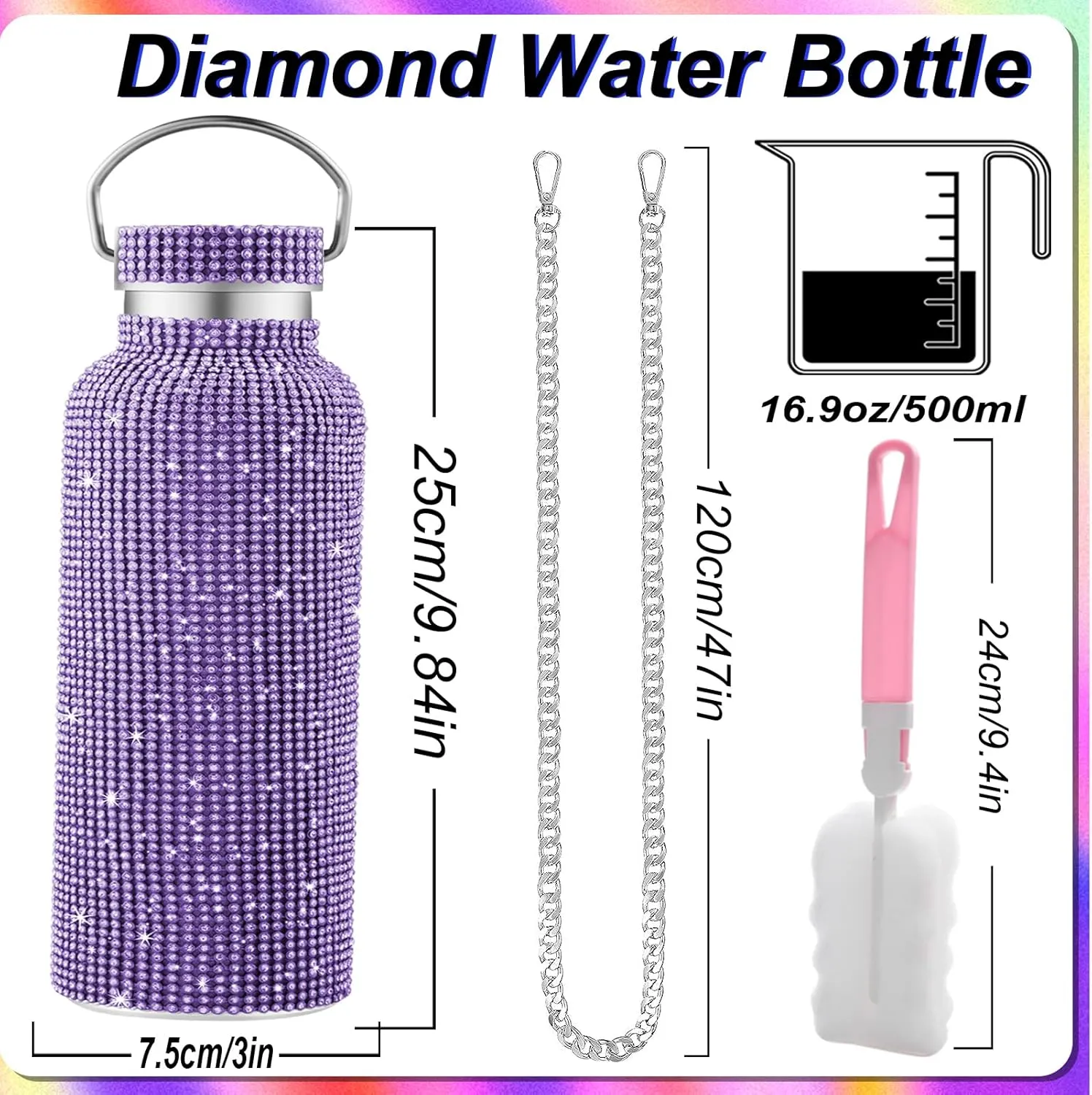 Bling Water Bottle Rhinestone,Diamond Water Bottle,Glitter Rhinestones Stainless Steel Thermal Bottle,Bling Cup for Women Girls,Bling Tumblers with 2 Style lids and 55in Chain (Purple)
