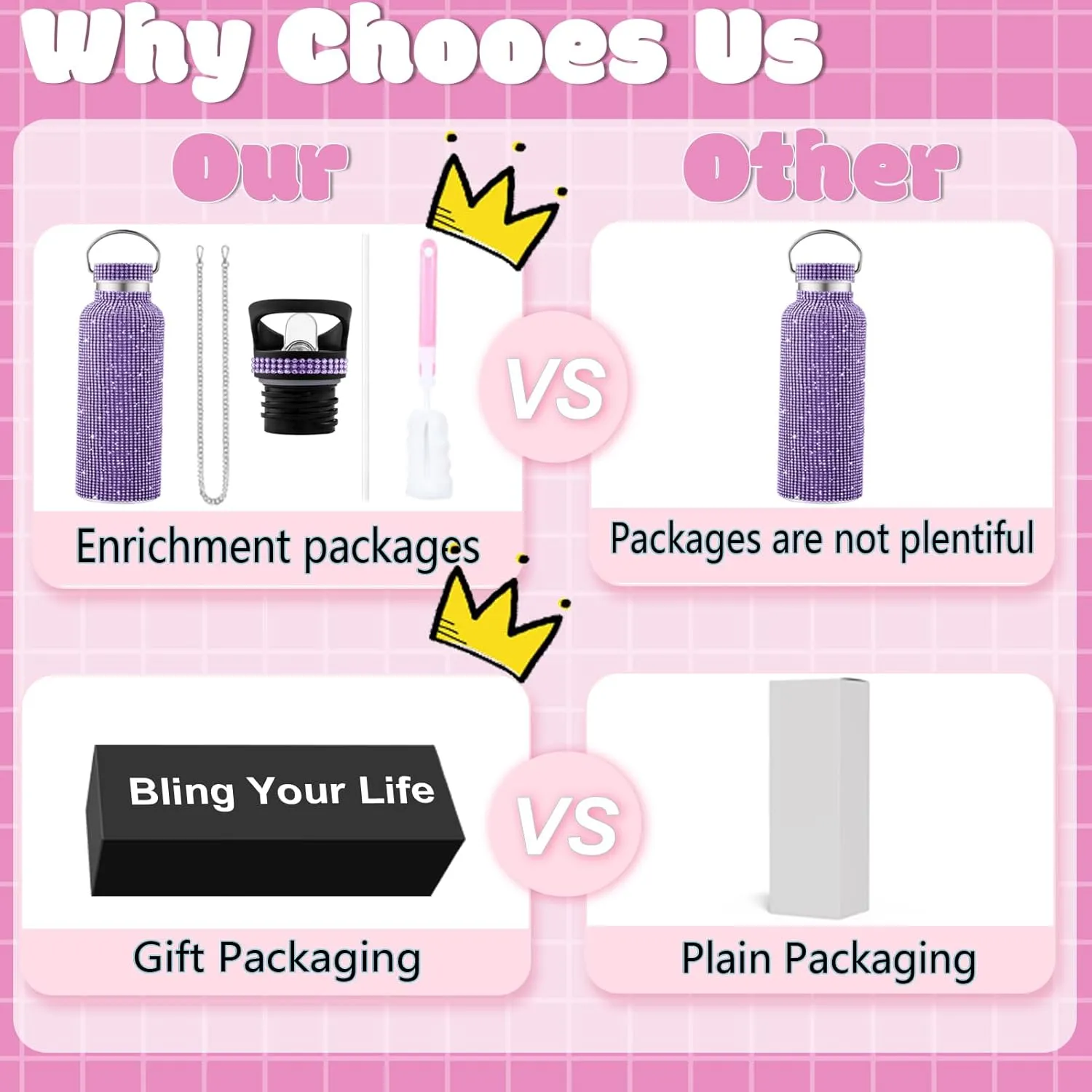 Bling Water Bottle Rhinestone,Diamond Water Bottle,Glitter Rhinestones Stainless Steel Thermal Bottle,Bling Cup for Women Girls,Bling Tumblers with 2 Style lids and 55in Chain (Purple)