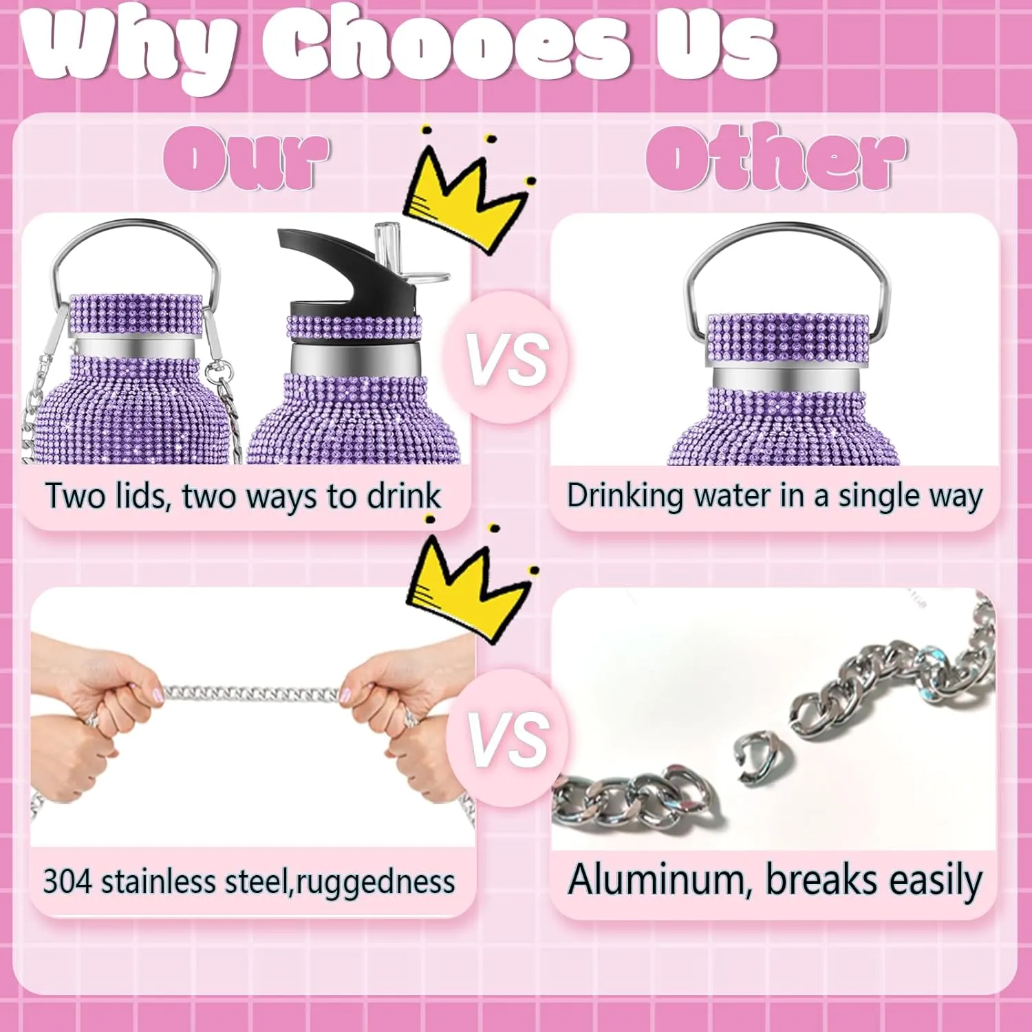 Bling Water Bottle Rhinestone,Diamond Water Bottle,Glitter Rhinestones Stainless Steel Thermal Bottle,Bling Cup for Women Girls,Bling Tumblers with 2 Style lids and 55in Chain (Purple)