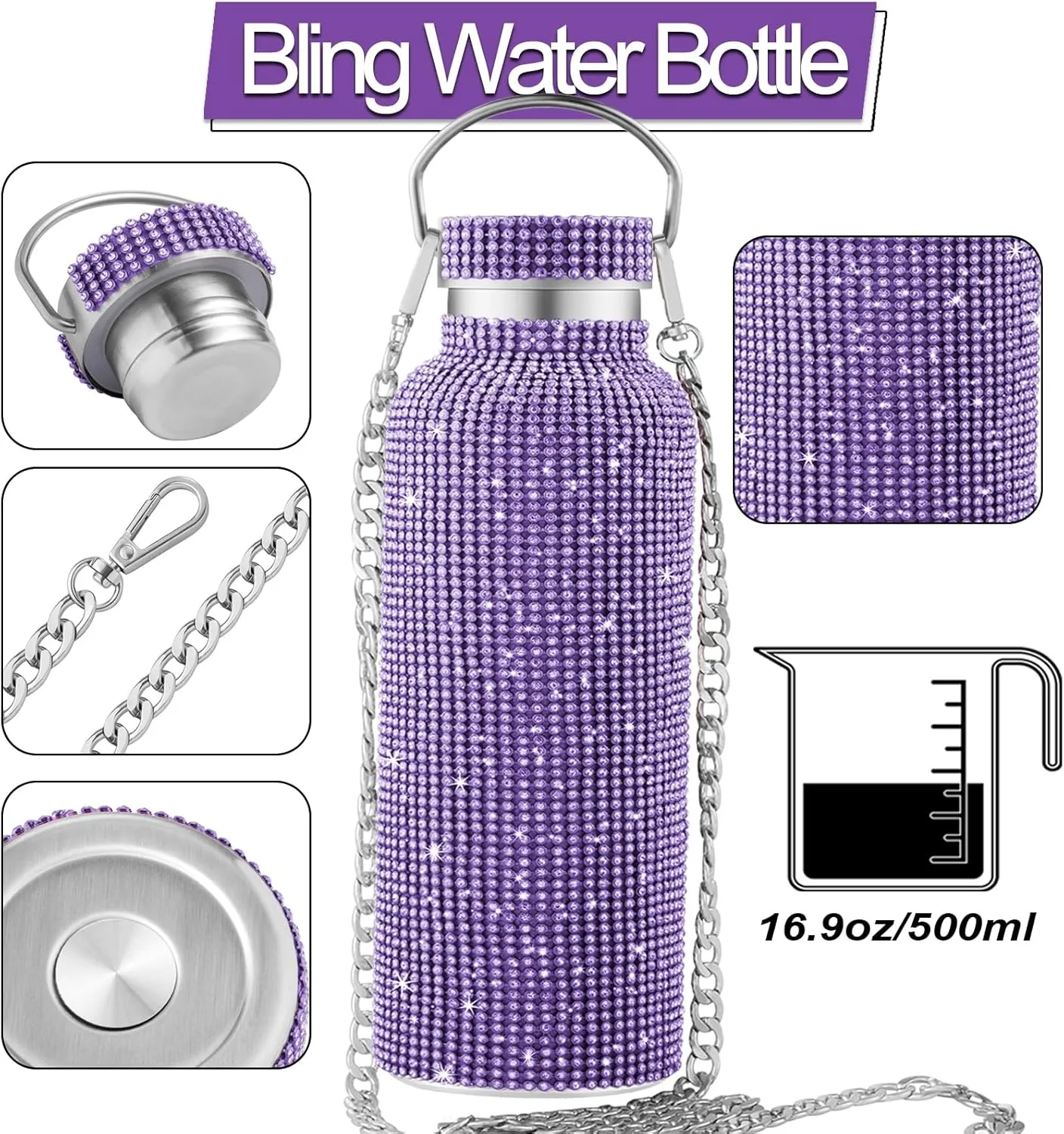 Bling Water Bottle Rhinestone,Diamond Water Bottle,Glitter Rhinestones Stainless Steel Thermal Bottle,Bling Cup for Women Girls,Bling Tumblers with 2 Style lids and 55in Chain (Purple)