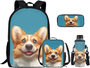 Blue Corgi School Backpack for Teens Girls with Lunch Box Water Bottle Holder and Aesthetic Pencil Case Wear-Resistant Set Combinations Foster An Organized Lifestyle