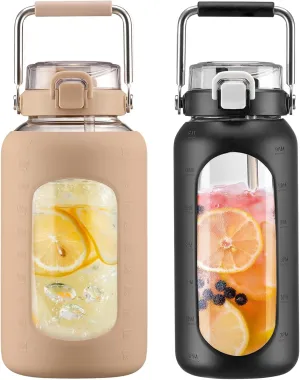 BLUEGO 84oz and 64oz Glass Water Bottles Bundle(84 Amber   64 Black) with Straw and Stainless Steel Handle, Large Water Bottle with Sleeve, Half Gallon Water Jug, Glass Water Container, BPA Free