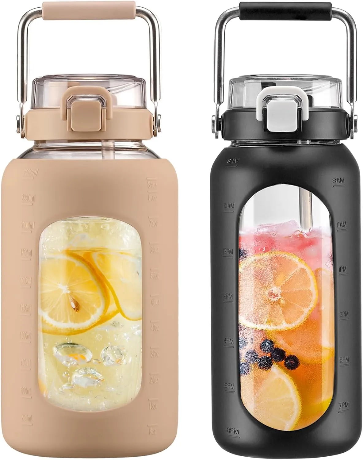 BLUEGO 84oz and 64oz Glass Water Bottles Bundle(84 Amber   64 Black) with Straw and Stainless Steel Handle, Large Water Bottle with Sleeve, Half Gallon Water Jug, Glass Water Container, BPA Free