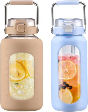 BLUEGO 84oz and 64oz Glass Water Bottles Bundle(84 Amber   64 Light Blue) with Straw and Stainless Steel Handle, Large Water Bottle with Sleeve, Half Gallon Water Jug, Glass Water Container, BPA Free