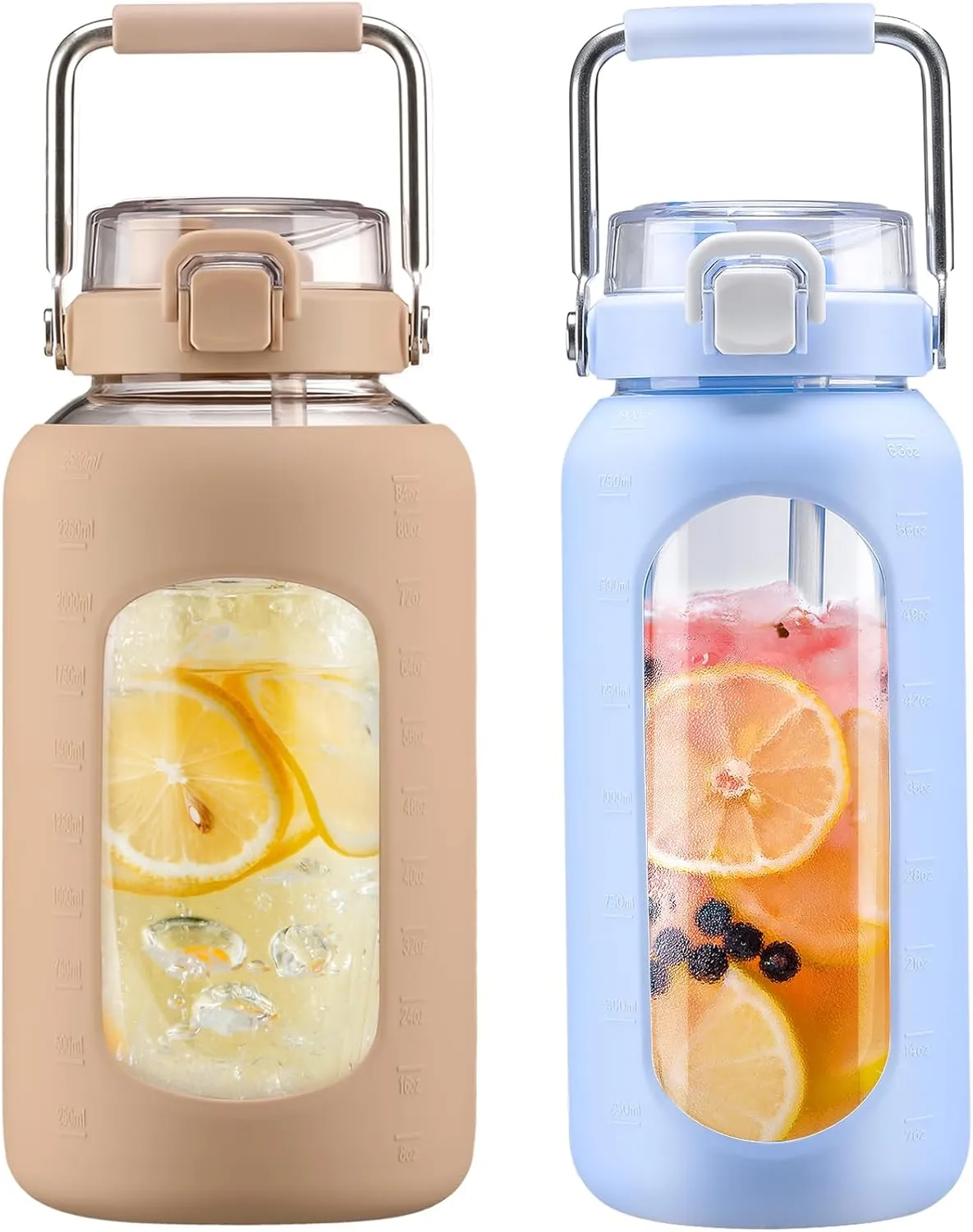 BLUEGO 84oz and 64oz Glass Water Bottles Bundle(84 Amber   64 Light Blue) with Straw and Stainless Steel Handle, Large Water Bottle with Sleeve, Half Gallon Water Jug, Glass Water Container, BPA Free