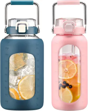 BLUEGO 84oz and 64oz Glass Water Bottles Bundle(84 Dark Blue   64 Pink) with Straw and Stainless Steel Handle, Large Water Bottle with Sleeve, Half Gallon Water Jug, Glass Water Container, BPA Free