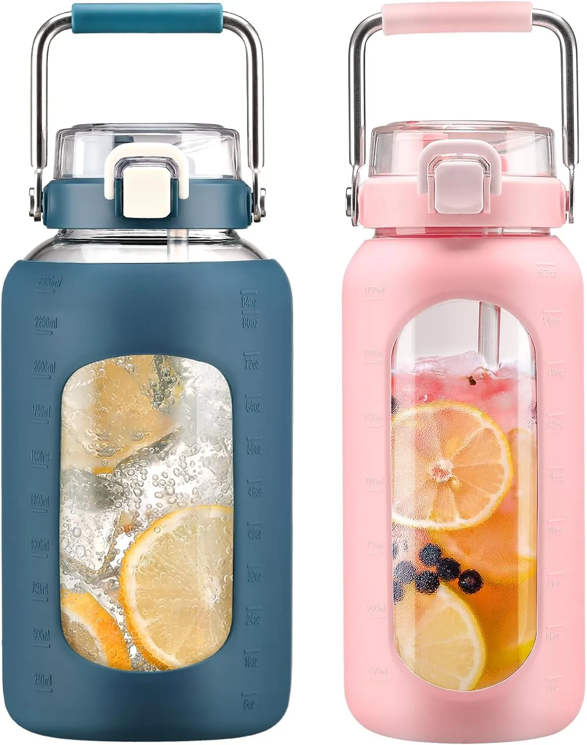 BLUEGO 84oz and 64oz Glass Water Bottles Bundle(84 Dark Blue   64 Pink) with Straw and Stainless Steel Handle, Large Water Bottle with Sleeve, Half Gallon Water Jug, Glass Water Container, BPA Free