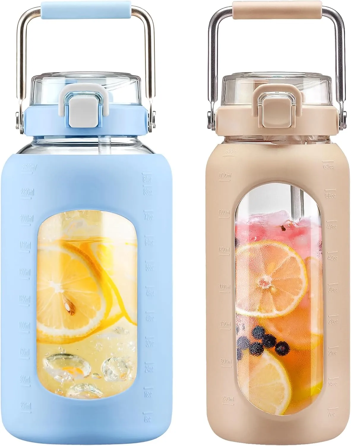 BLUEGO 84oz and 64oz Glass Water Bottles Bundle(84 Light Blue   64 Amber) with Straw and Stainless Steel Handle, Large Water Bottle with Sleeve, Half Gallon Water Jug, Glass Water Container, BPA Free