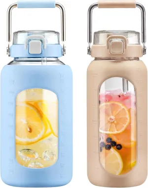 BLUEGO 84oz and 64oz Glass Water Bottles Bundle(84 Light Blue   64 Amber) with Straw and Stainless Steel Handle, Large Water Bottle with Sleeve, Half Gallon Water Jug, Glass Water Container, BPA Free