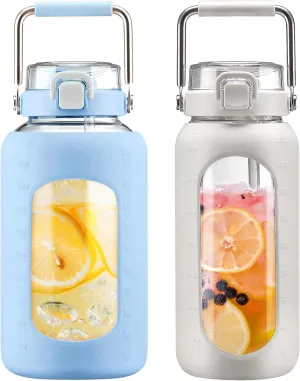 BLUEGO 84oz and 64oz Glass Water Bottles Bundle(84 Light Blue   64 White) with Straw and Stainless Steel Handle, Large Water Bottle with Sleeve, Half Gallon Water Jug, Glass Water Container, BPA Free