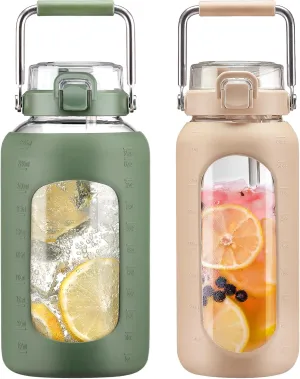 BLUEGO 84oz and 64oz Glass Water Bottles Bundle(84 Olive   64 Amber) with Straw and Stainless Steel Handle, Large Water Bottle with Sleeve, Half Gallon Water Jug, Glass Water Container, BPA Free