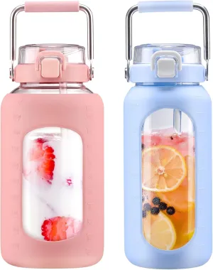 BLUEGO 84oz and 64oz Glass Water Bottles Bundle(84 Pink   64 Light Blue) with Straw and Stainless Steel Handle, Large Water Bottle with Sleeve, Half Gallon Water Jug, Glass Water Container, BPA Free