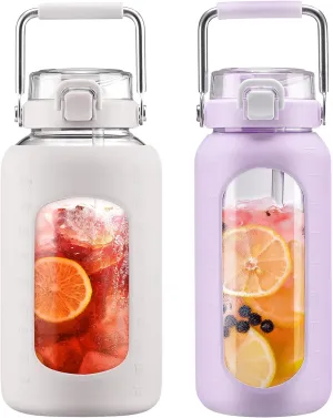 BLUEGO 84oz and 64oz Glass Water Bottles Bundle(84 White   64 Purple) with Straw and Stainless Steel Handle, Large Water Bottle with Sleeve, Half Gallon Water Jug, Glass Water Container, BPA Free