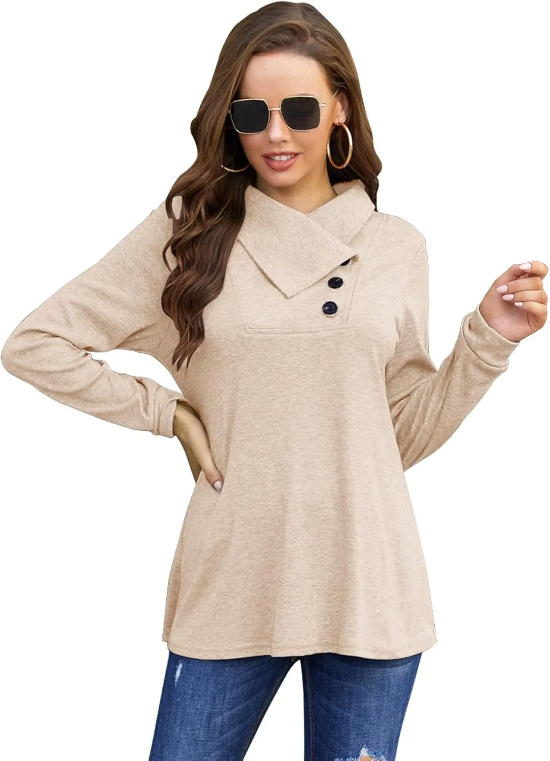 Bluetime Women's Fall Long Sleeve Cowl Neck Button Tunic Tops Lightweight Sweatshirts