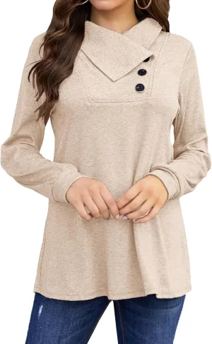 Bluetime Women's Fall Long Sleeve Cowl Neck Button Tunic Tops Lightweight Sweatshirts