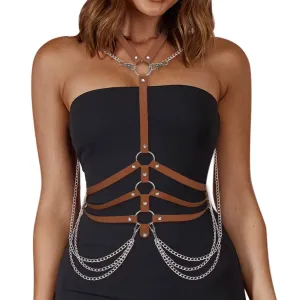 BODIY Fashion Harness Belt Plus Size Harness Waist Belts Punk Leather Body Harness for Women (Brown)
