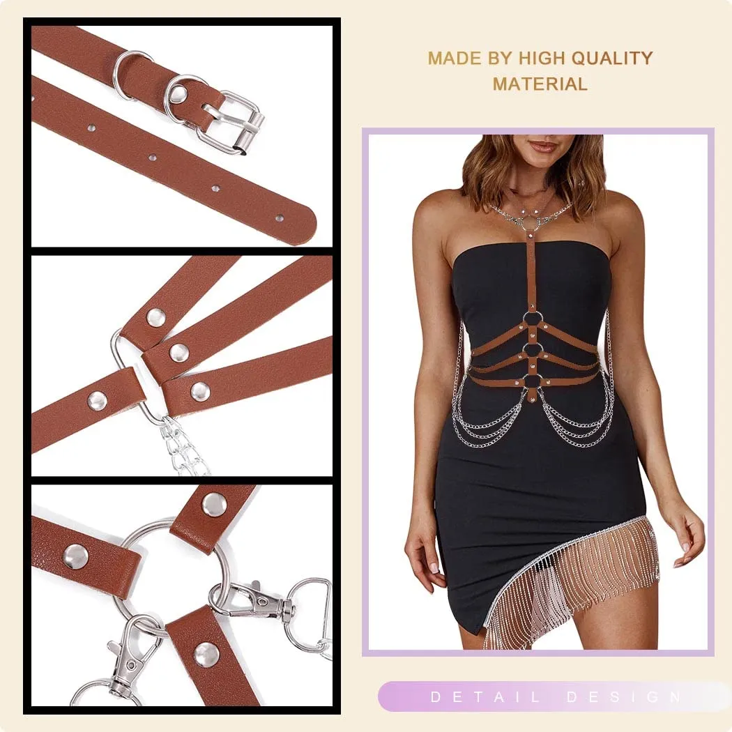 BODIY Fashion Harness Belt Plus Size Harness Waist Belts Punk Leather Body Harness for Women (Brown)