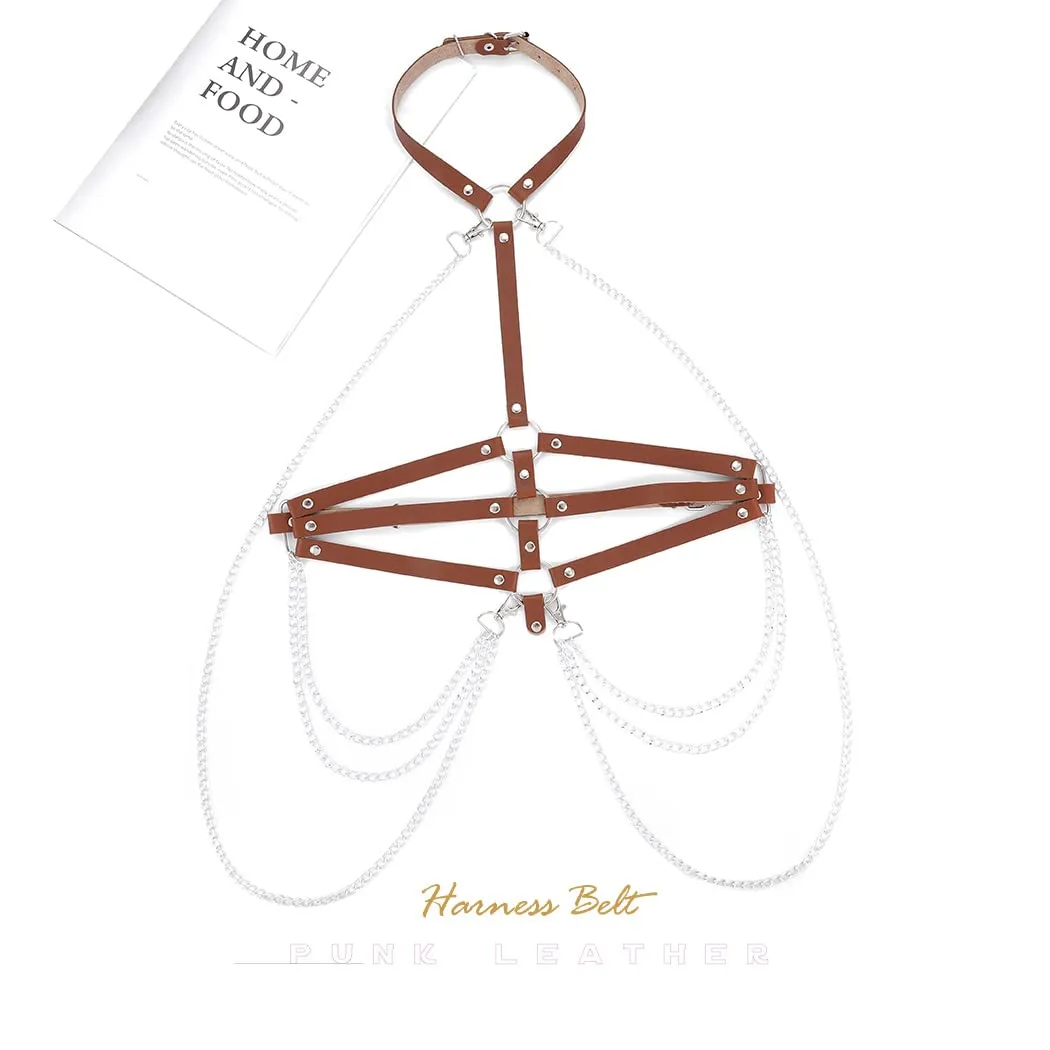 BODIY Fashion Harness Belt Plus Size Harness Waist Belts Punk Leather Body Harness for Women (Brown)