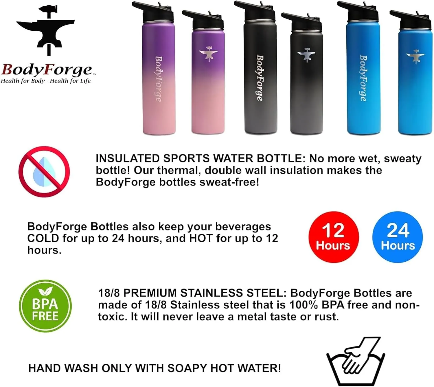 BodyForge Sports Water Bottle - 24oz, 3 Lids & Straw Lid, Leak Proof Stainless Steel Gym & Sport Bottles for Men, Women & Kids - Double Walled, Insulated Thermos, Metal Canteen
