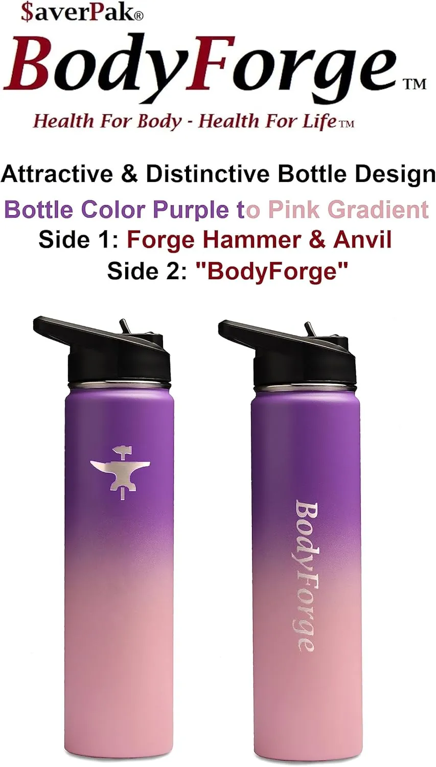 BodyForge Sports Water Bottle - 24oz, 3 Lids & Straw Lid, Leak Proof Stainless Steel Gym & Sport Bottles for Men, Women & Kids - Double Walled, Insulated Thermos, Metal Canteen